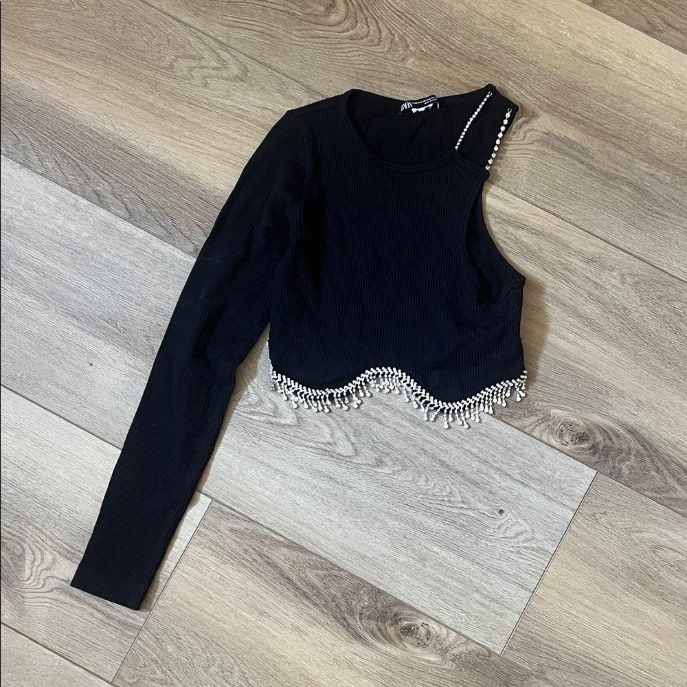 Zara Black One-Shoulder Crop Top with Pearl Accents